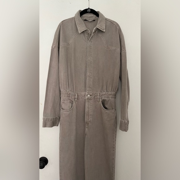 Zara Taupe Denim Flare Leg Split Hem Jumpsuit Overalls Coveralls Blogger Fav - Picture 11 of 13